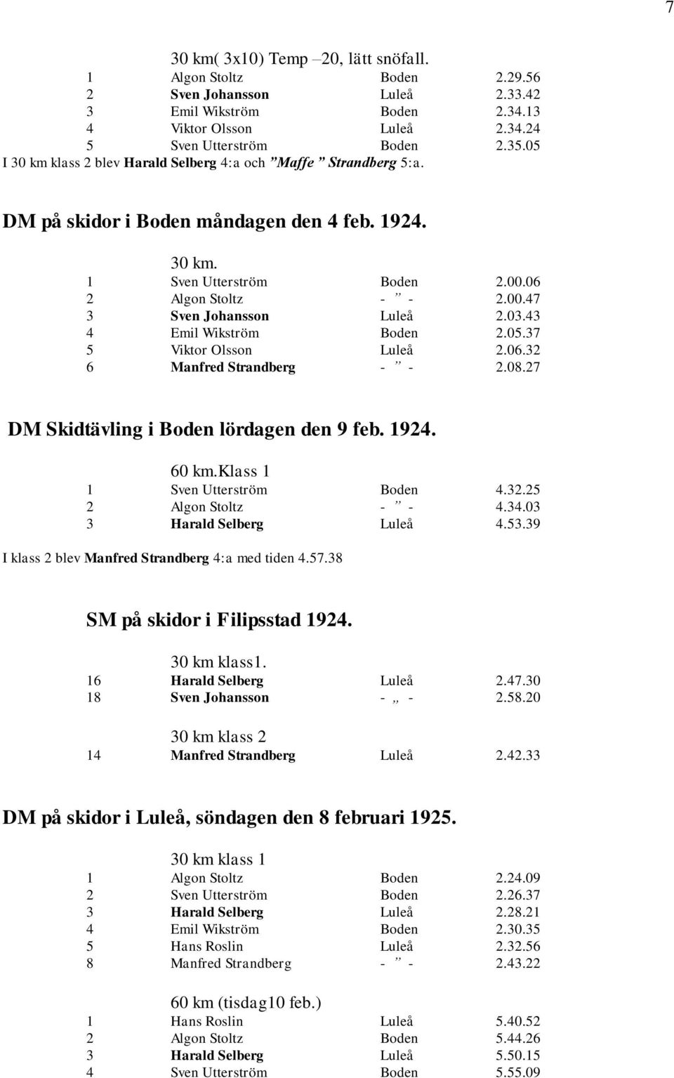 03.43 4 Emil Wikström Boden 2.05.37 5 Viktor Olsson Luleå 2.06.32 6 Manfred Strandberg - - 2.08.27 DM Skidtävling i Boden lördagen den 9 feb. 1924. 60 km.klass 1 1 Sven Utterström Boden 4.32.25 2 Algon Stoltz - - 4.