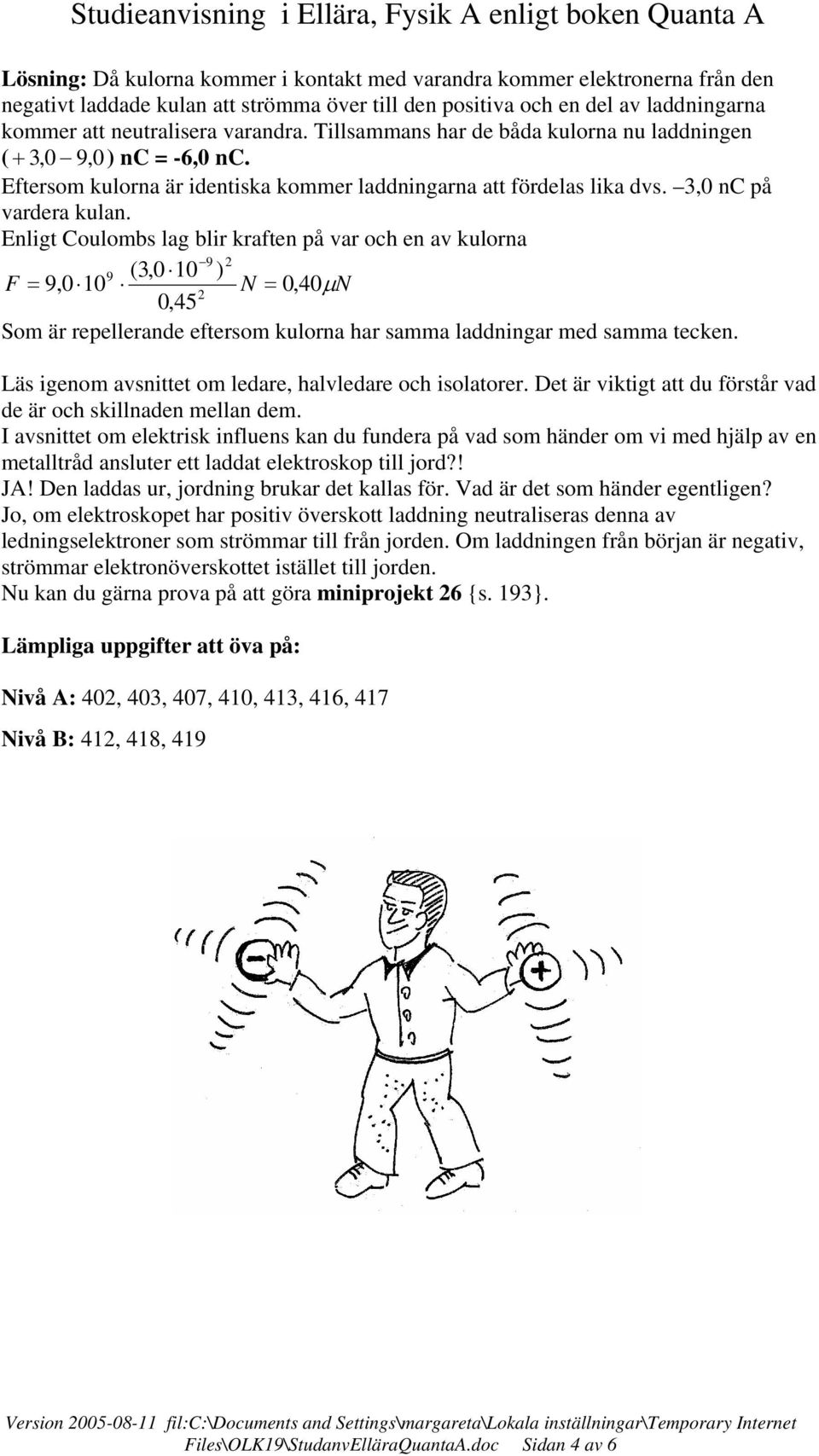 Enligt Coulombs lag blir kraften på var och en av kulorna 9 2 9 (3,0 10 ) F = 9,0 10 N = 0,40µ N 2 0,45 Som är repellerande eftersom kulorna har samma laddningar med samma tecken.