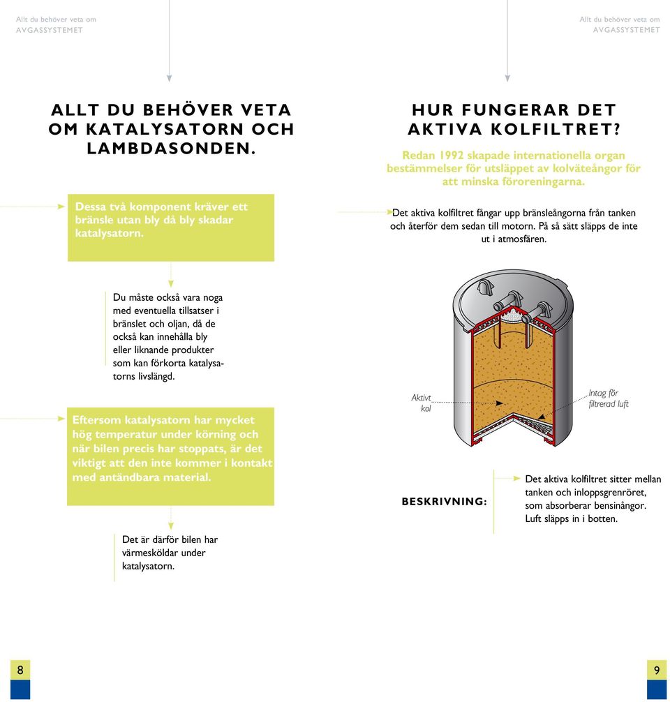 Det aktiva kolfiltret fångar upp bränsleångorna från tanken och återför dem sedan till motorn. På så sätt släpps de inte ut i atmosfären.