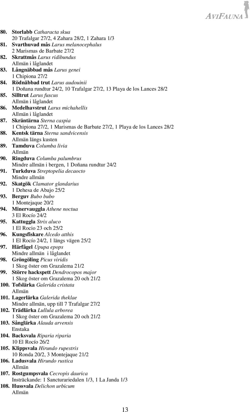 Medelhavstrut Larus michahellis i låglandet 87. Skräntärna Sterna caspia 1 Chipiona 27/2, 1 Marismas de Barbate 27/2, 1 Playa de los Lances 28/2 88. Kentsk tärna Sterna sandvicensis längs kusten 89.