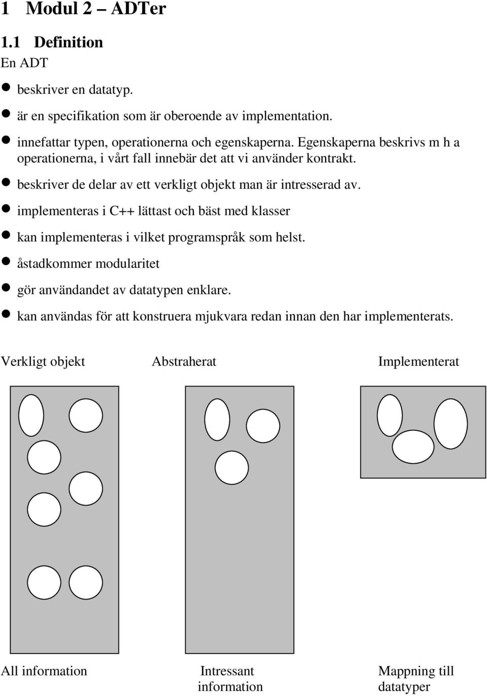 implementeras i C++ lättast och bäst med klasser kan implementeras i vilket programspråk som helst. åstadkommer modularitet gör användandet av datatypen enklare.