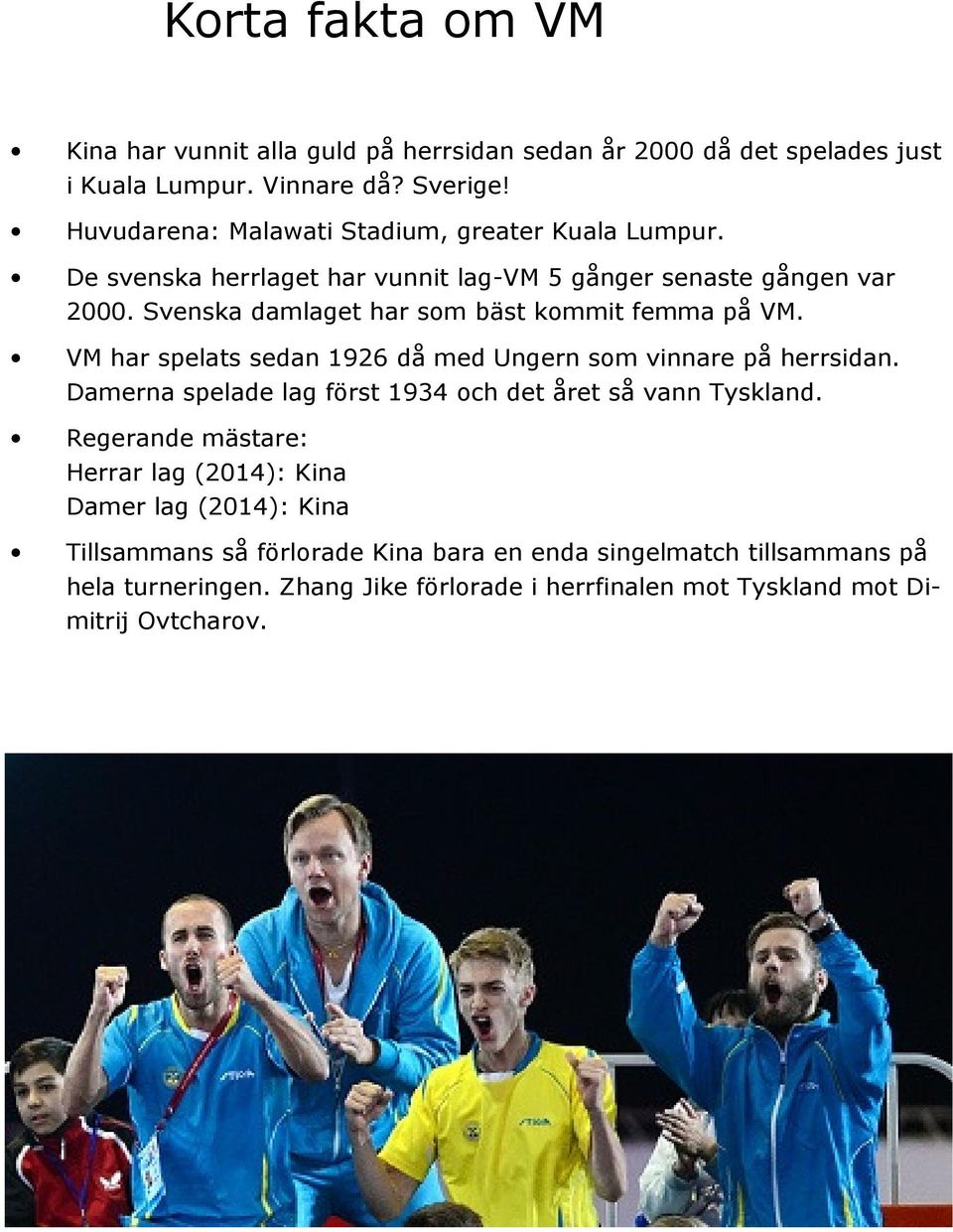 Svenska damlaget har som bäst kommit femma på VM. VM har spelats sedan 1926 då med Ungern som vinnare på herrsidan.