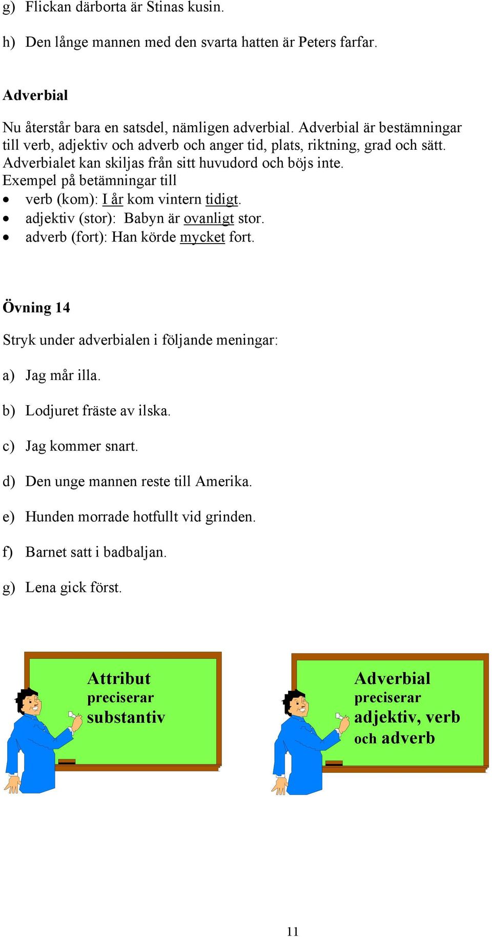 Exempel på betämningar till verb (kom): I år kom vintern tidigt. adjektiv (stor): Babyn är ovanligt stor. adverb (fort): Han körde mycket fort.