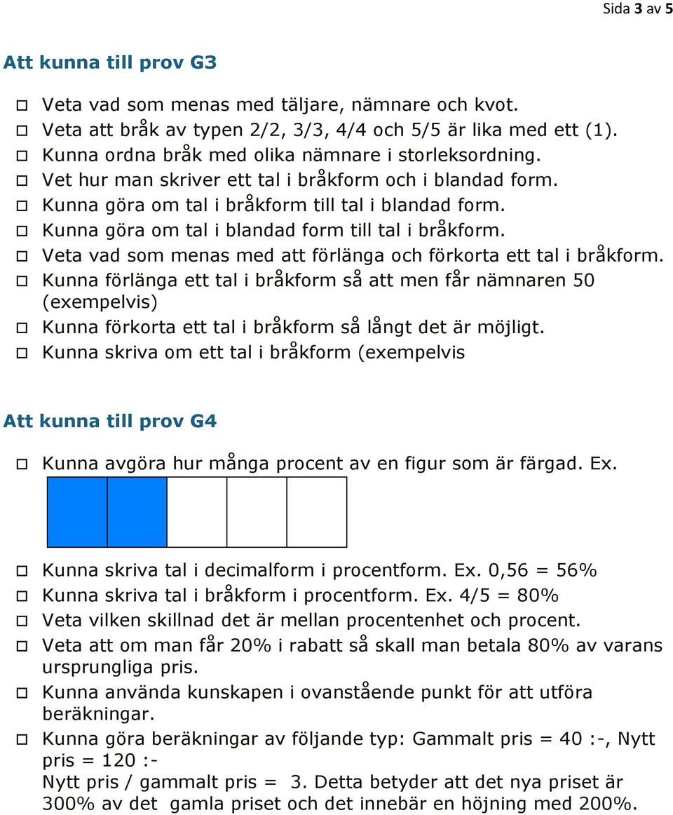 Kunna göra om tal i blandad form till tal i bråkform. Veta vad som menas med att förlänga och förkorta ett tal i bråkform.