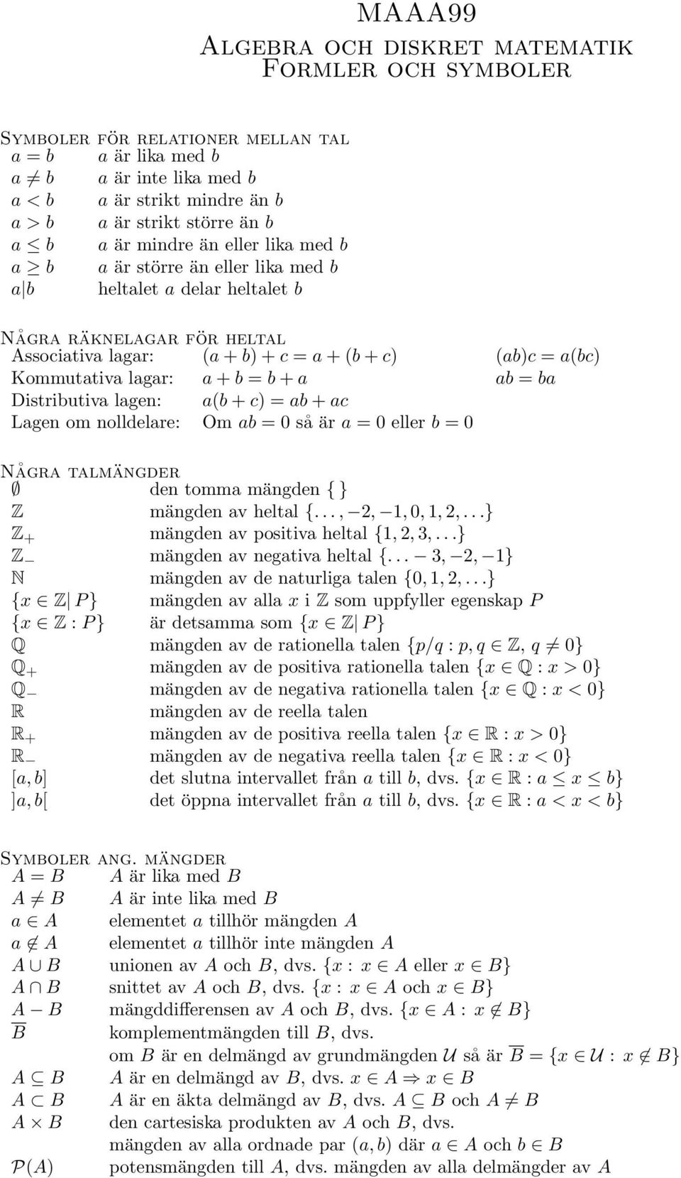 Kommutativa lagar: a + b = b + a ab = ba Distributiva lagen: a(b + c) = ab + ac Lagen om nolldelare: Om ab = 0 så är a = 0 eller b = 0 Några talmängder den tomma mängden { } Z mängden av heltal {.