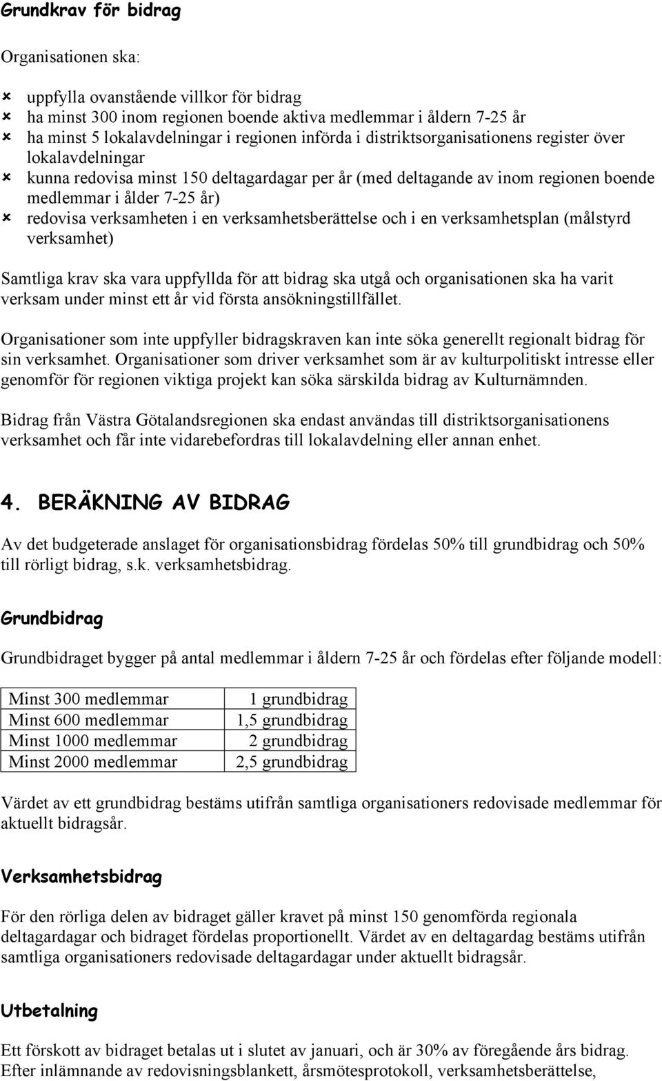 verksamheten i en verksamhetsberättelse och i en verksamhetsplan (målstyrd verksamhet) Samtliga krav ska vara uppfyllda för att bidrag ska utgå och organisationen ska ha varit verksam under minst ett