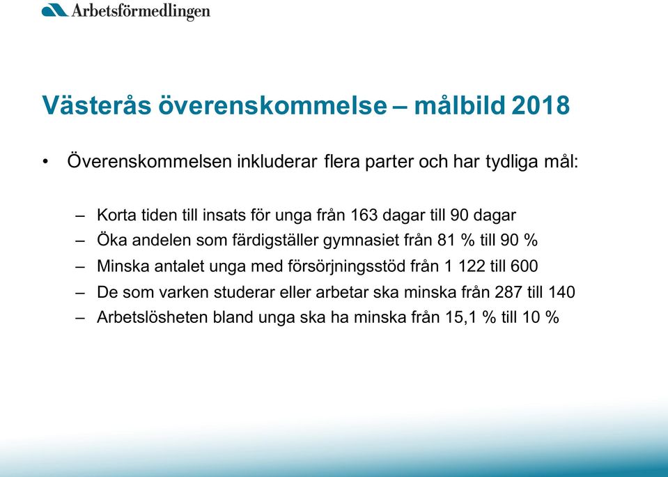 från 81 % till 90 % Minska antalet unga med försörjningsstöd från 1 122 till 600 De som varken