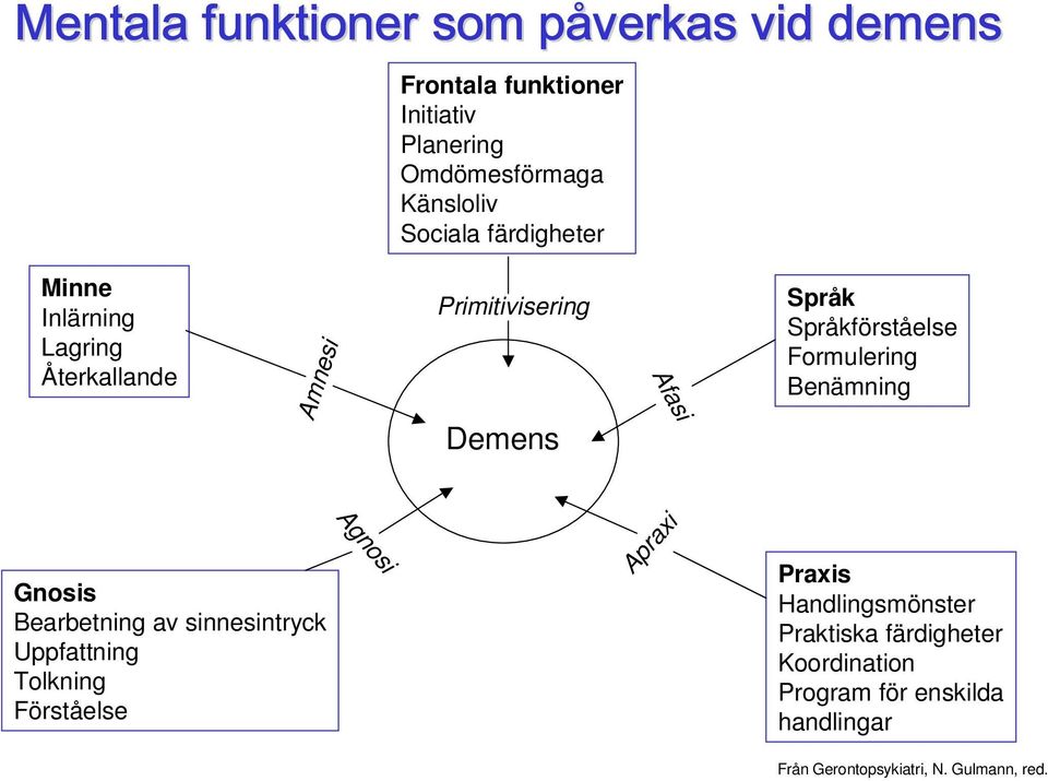 Formulering Benämning Demens Gnosis Bearbetning av sinnesintryck Uppfattning Tolkning Förståelse Agnosi Apraxi