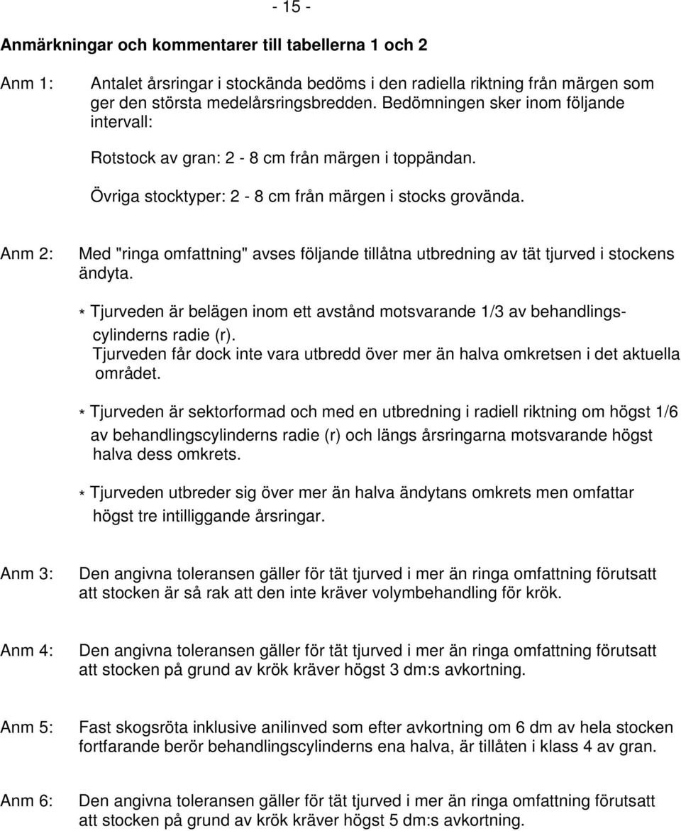Anm 2: Med "ringa omfattning" avses följande tillåtna utbredning av tät tjurved i stockens ändyta. * * * Tjurveden är belägen inom ett avstånd motsvarande 1/3 av behandlingscylinderns radie (r).