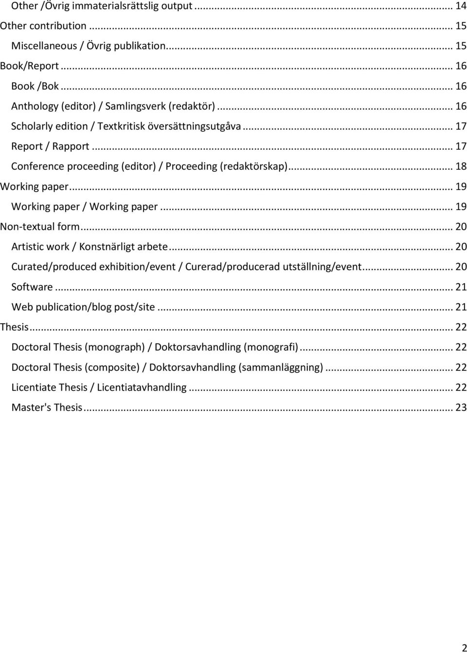 .. 19 Non-textual form... 20 Artistic work / Konstnärligt arbete... 20 Curated/produced exhibition/event / Curerad/producerad utställning/event... 20 Software... 21 Web publication/blog post/site.