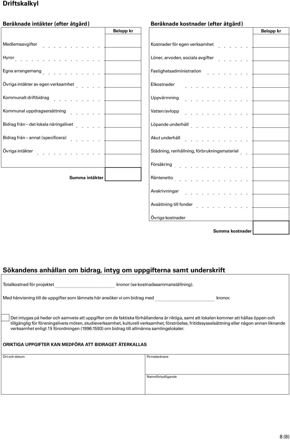 underhåll Bidrag från annat (specificera) Akut underhåll Övriga intäkter Städning, renhållning, förbrukningsmateriel Försäkring Summa intäkter Räntenetto Avskrivningar Avsättning till fonder Övriga