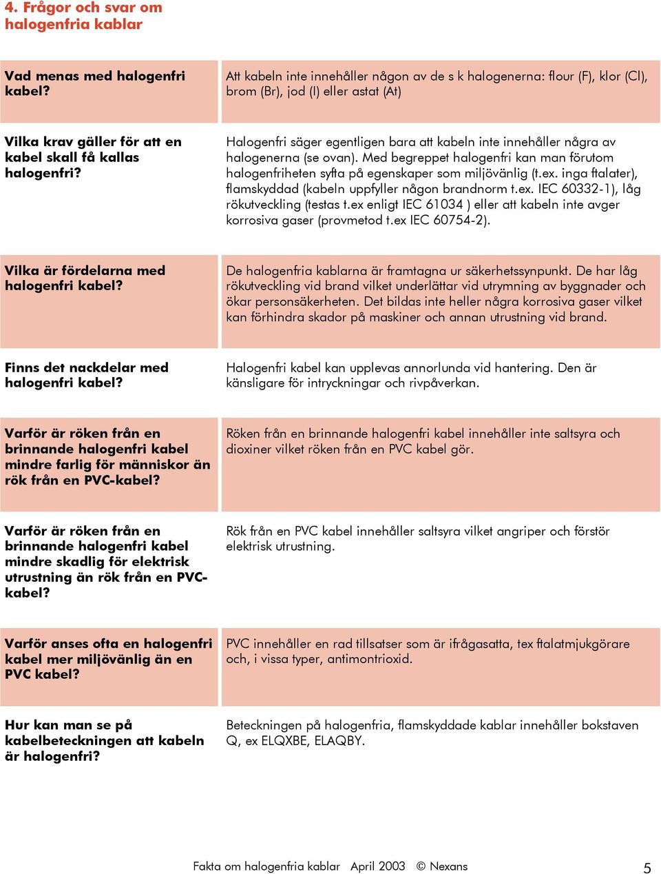 Halogenfri säger egentligen bara att kabeln inte innehåller några av halogenerna (se ovan). Med begreppet halogenfri kan man förutom halogenfriheten syfta på egenskaper som miljövänlig (t.ex.