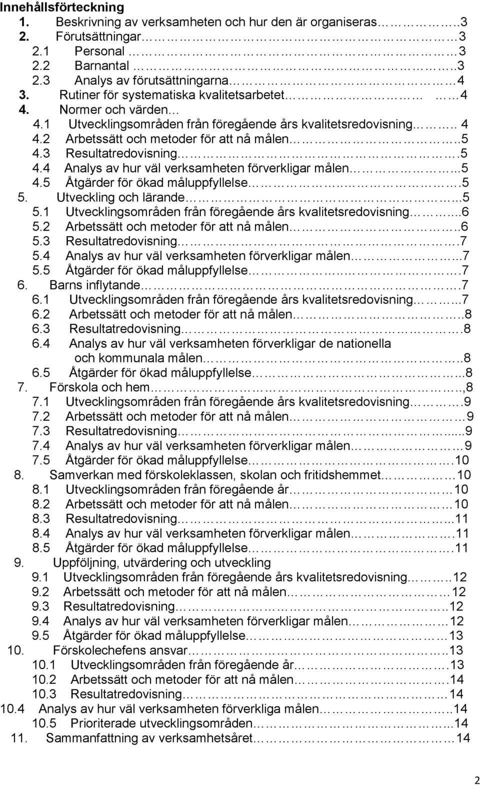 3 Resultatredovisning.5 4.4 Analys av hur väl verksamheten förverkligar målen...5 4.5 Åtgärder för ökad måluppfyllelse...5 5. Utveckling och lärande...5 5.1 Utvecklingsområden från föregående års kvalitetsredovisning.