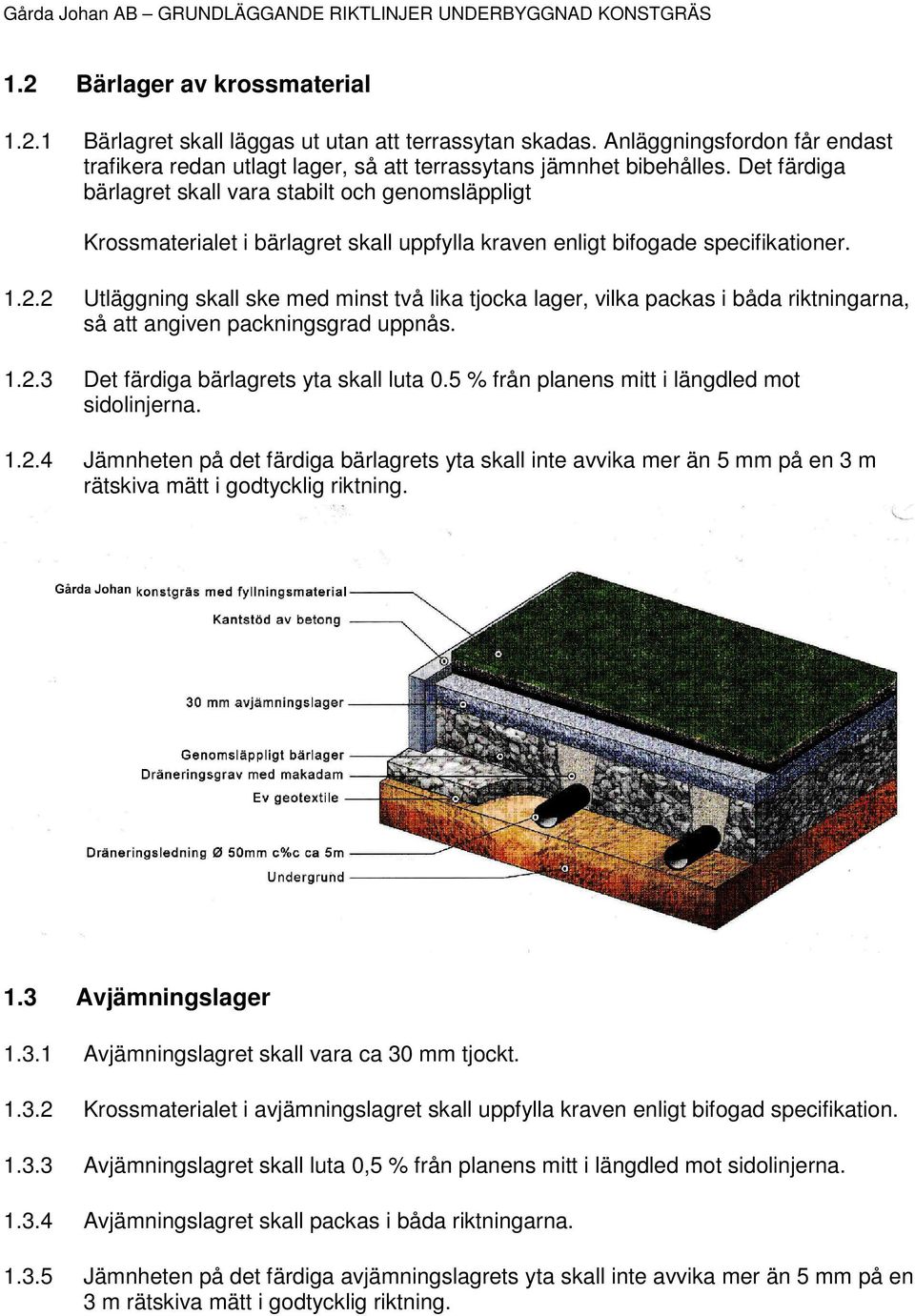 Det färdiga bärlagret skall vara stabilt och genomsläppligt Krossmaterialet i bärlagret skall uppfylla kraven enligt bifogade specifikationer. 1.2.