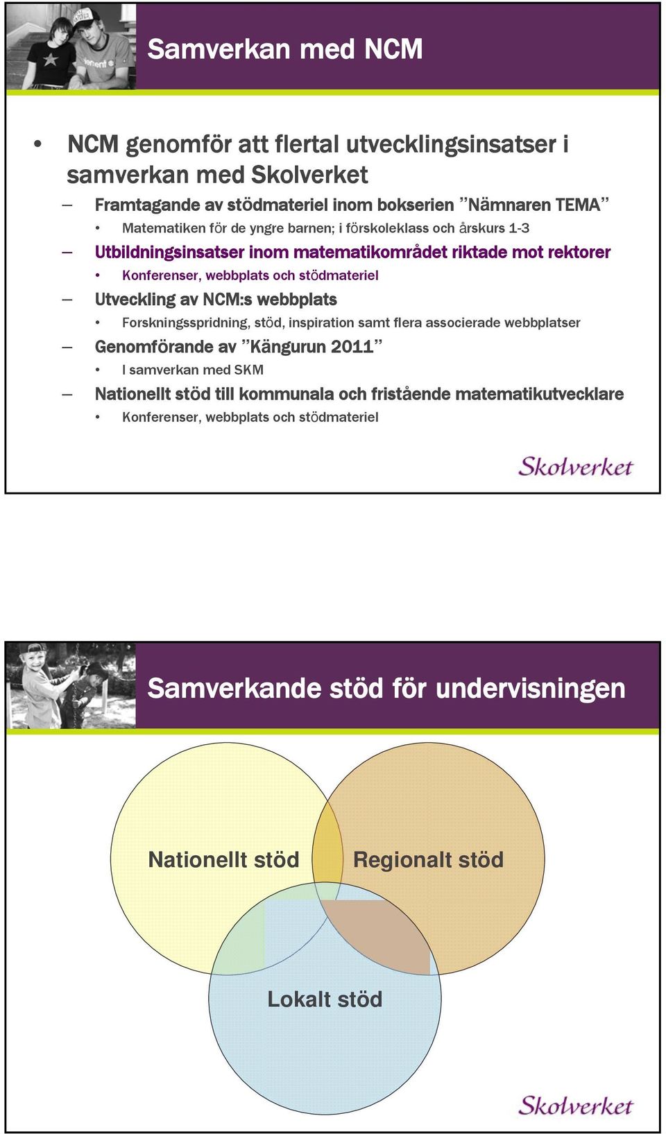 av NCM:s webbplats Forskningsspridning, stöd, inspiration samt flera associerade webbplatser Genomförande av Kängurun 2011 I samverkan med SKM Nationellt stöd till