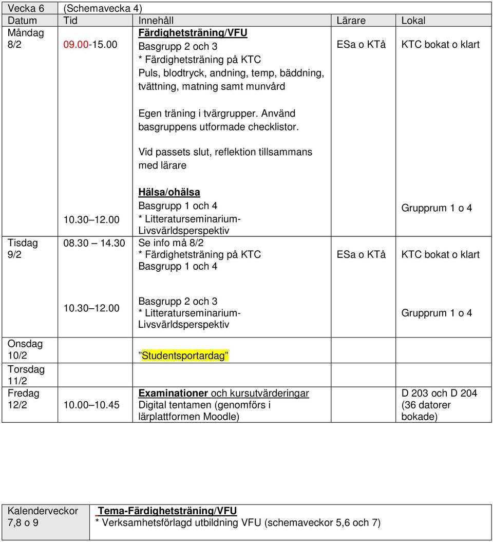 Använd basgruppens utformade checklistor. Vid passets slut, reflektion tillsammans med lärare 9/2 08.30 14.