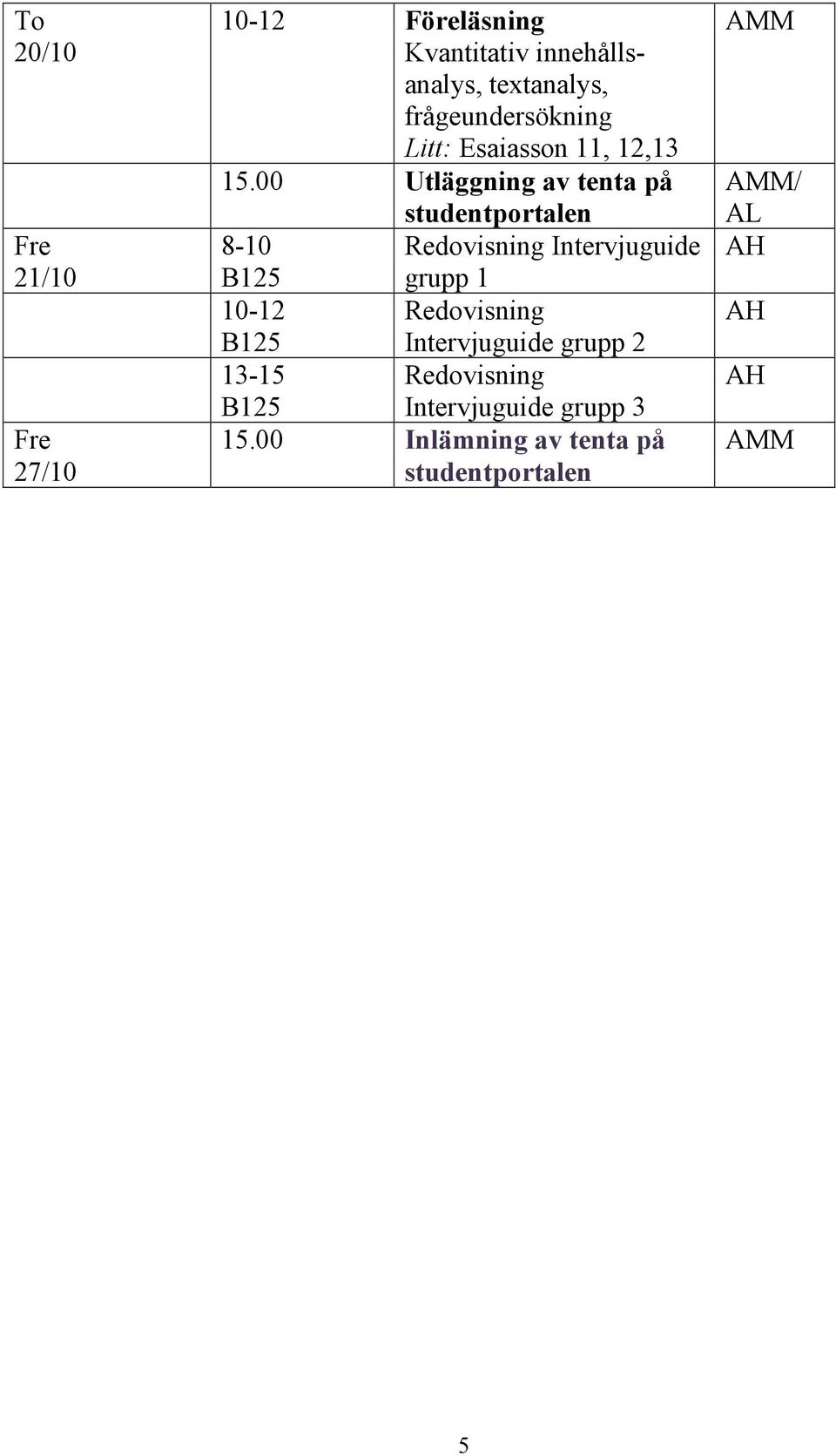 00 Utläggning av tenta på studentportalen 8-10 Redovisning Intervjuguide B125