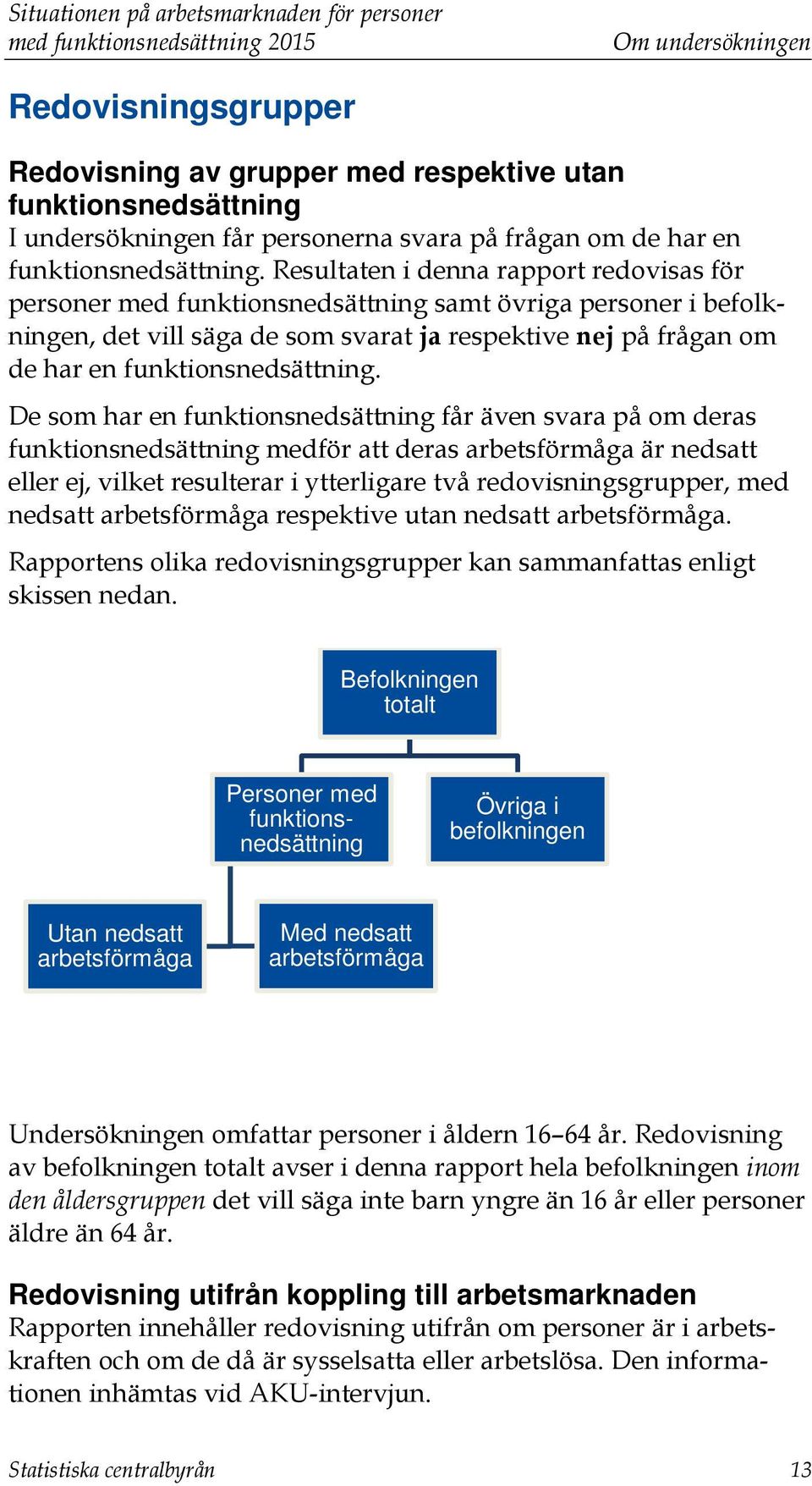 Resultaten i denna rapport redovisas för personer med funktionsnedsättning samt övriga personer i befolkningen, det vill säga de som svarat ja respektive nej på frågan om de har en  De som har en