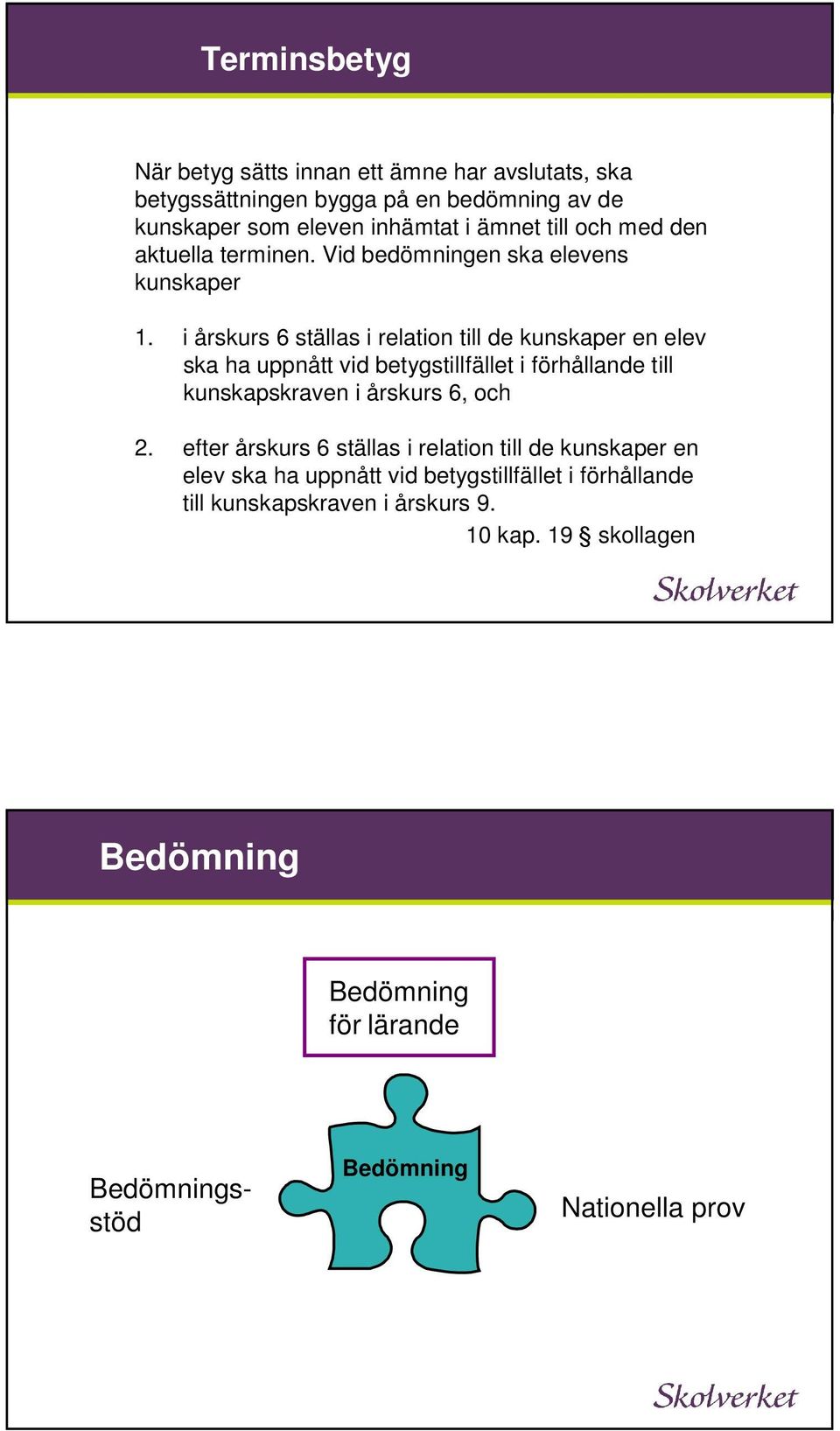 i årskurs 6 ställas i relation till de kunskaper en elev ska ha uppnått vid betygstillfället i förhållande till kunskapskraven i årskurs 6, och 2.