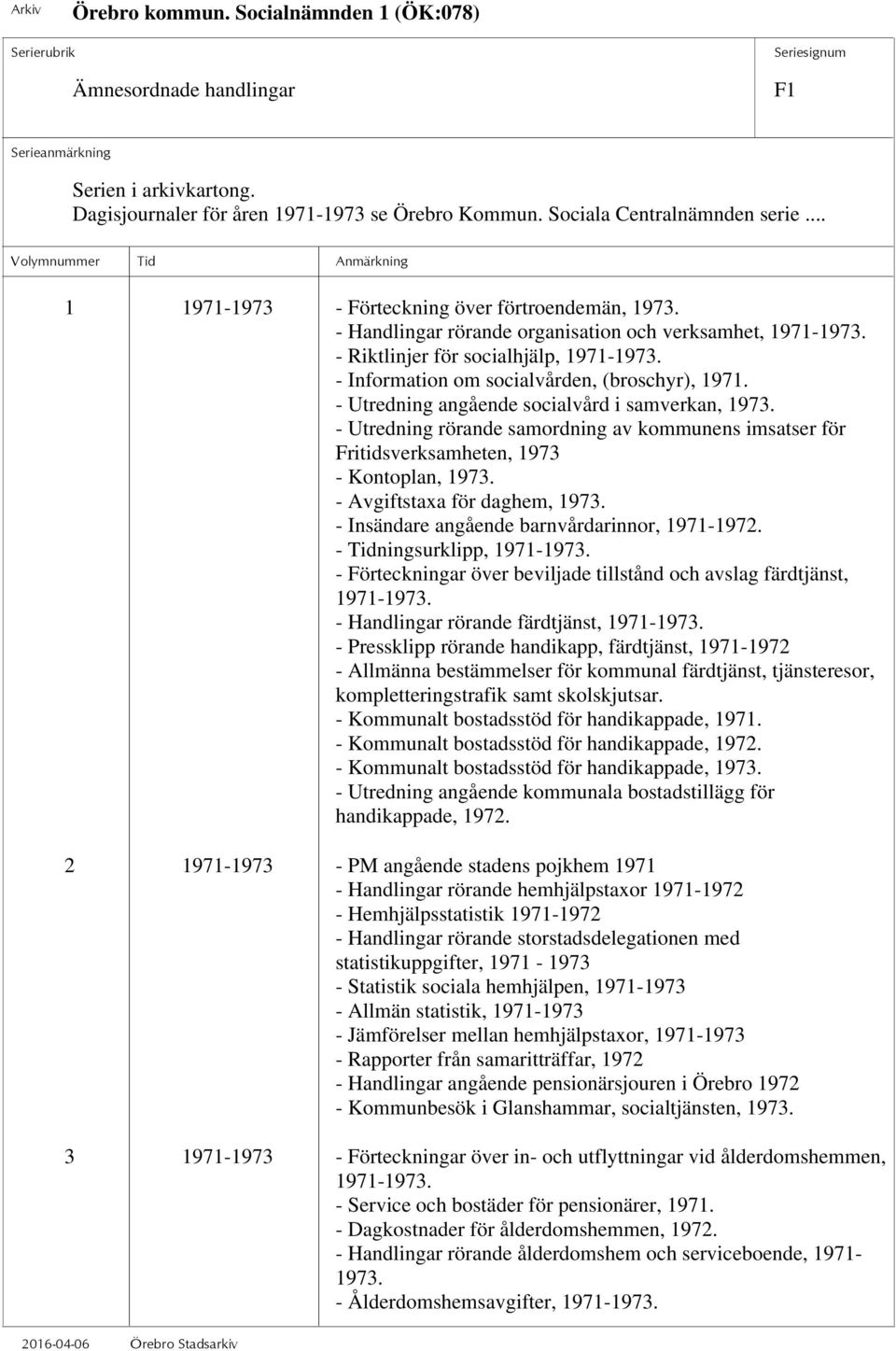 - Utredning angående socialvård i samverkan, 1973. - Utredning rörande samordning av kommunens imsatser för Fritidsverksamheten, 1973 - Kontoplan, 1973. - Avgiftstaxa för daghem, 1973.