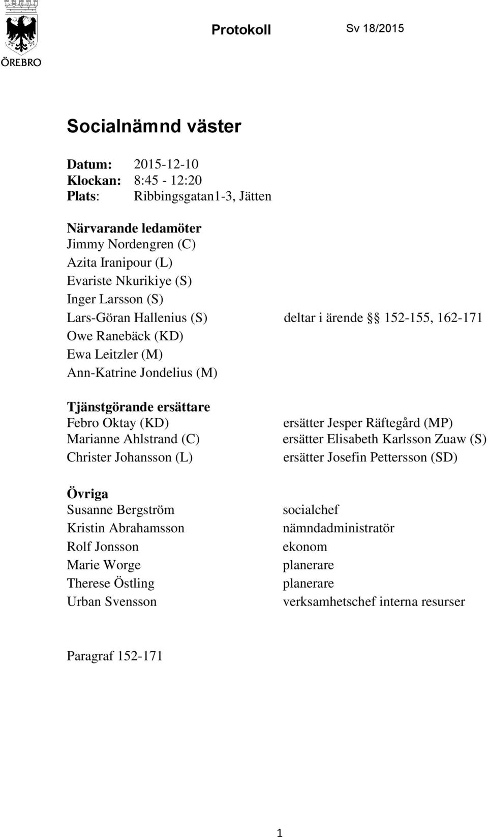 Oktay (KD) Marianne Ahlstrand (C) Christer Johansson (L) Övriga Susanne Bergström Kristin Abrahamsson Rolf Jonsson Marie Worge Therese Östling Urban Svensson ersätter Jesper