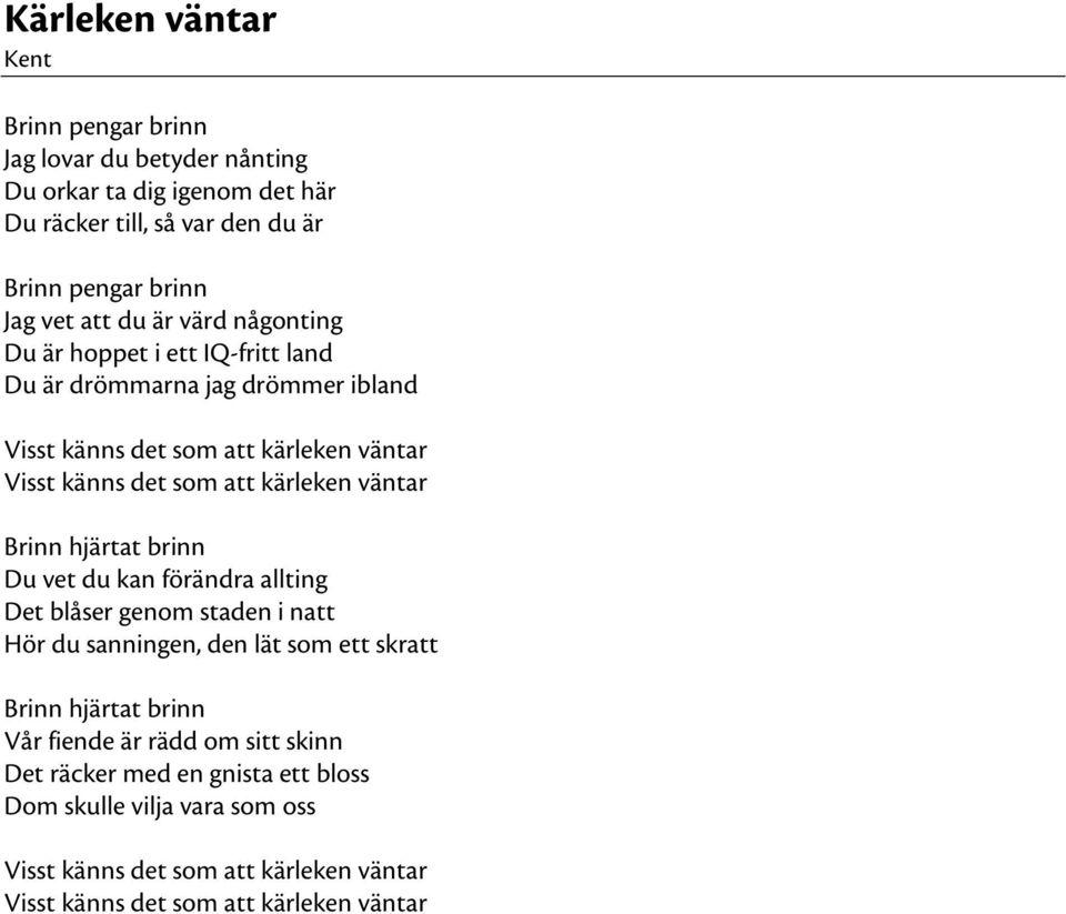 väntar Brinn hjärtat brinn Du vet du kan förändra allting Det blåser genom staden i natt Hör du sanningen, den lät som ett skratt Brinn hjärtat brinn Vår fiende är