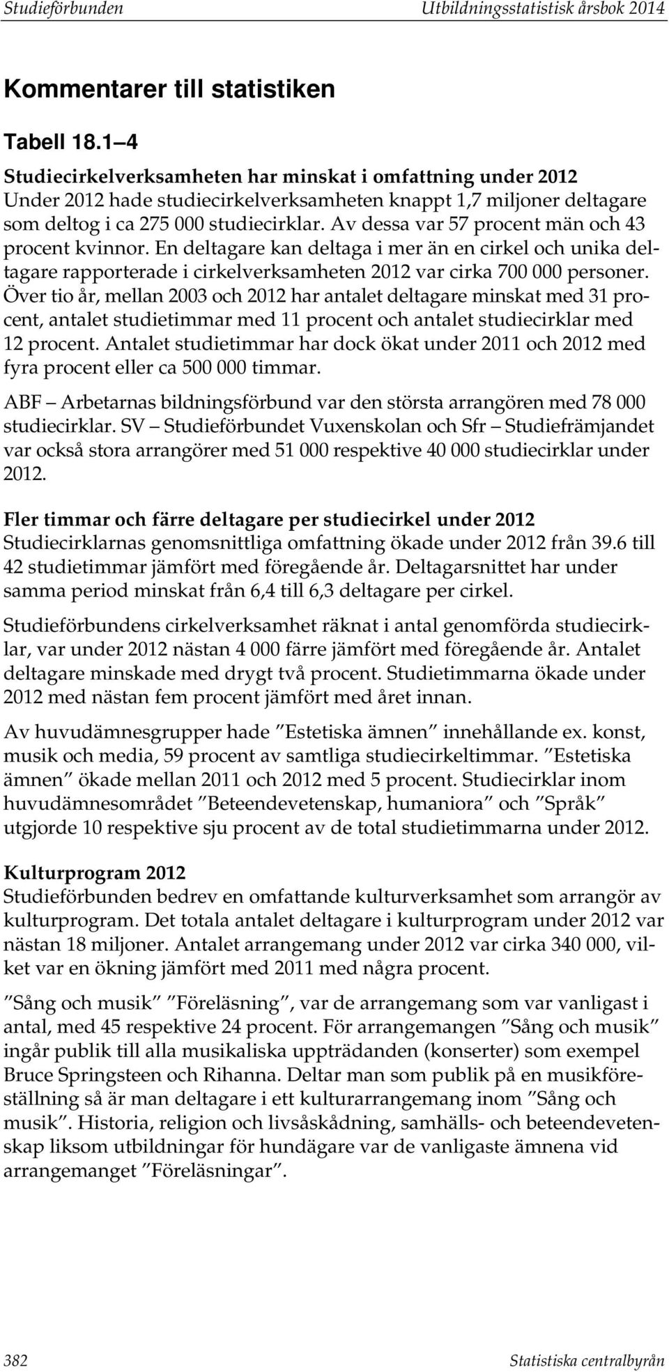 Av dessa var 57 procent män och 43 procent kvinnor. En deltagare kan deltaga i mer än en cirkel och unika deltagare rapporterade i cirkelverksamheten 2012 var cirka 700 000 personer.