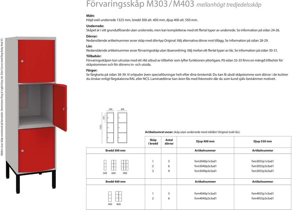 Dörrar: Nedanstående artikelnummer avser skåp med dörrtyp Original. Välj alternativa dörrar mot. Se information på sidan 8-9. Lås: Nedanstående artikelnummer avser förvaringsskåp utan låsanordning.