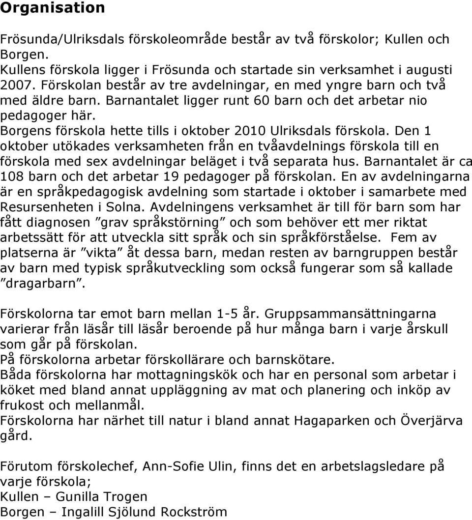 Borgens förskola hette tills i oktober 2010 Ulriksdals förskola. Den 1 oktober utökades verksamheten från en tvåavdelnings förskola till en förskola med sex avdelningar beläget i två separata hus.