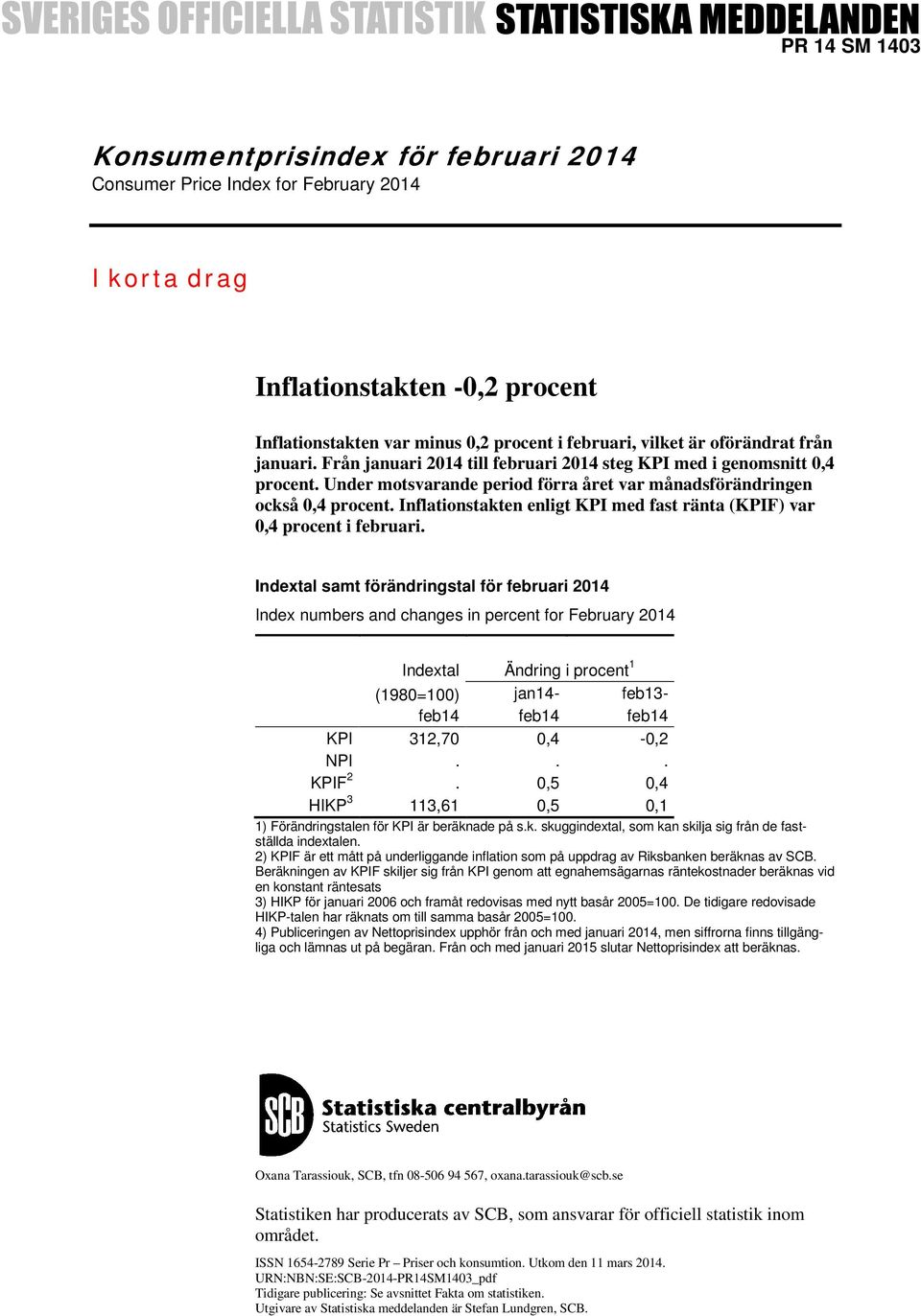 Inflationstakten enligt KPI med fast ränta (KPIF) var 0,4 procent i februari.