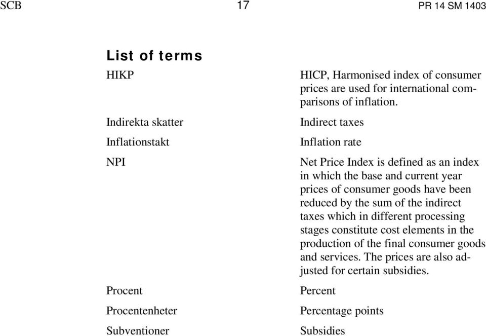 Indirect taxes Inflation rate Net Price Index is defined as an index in which the base and current year prices of consumer goods have been reduced by