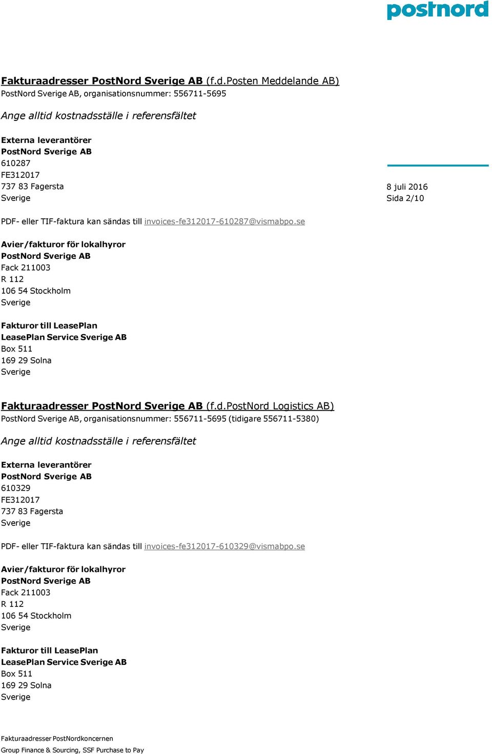 AB (f.d.posten Meddelande AB) PostNord AB, organisationsnummer: 556711-5695 PostNord AB 610287 Sida 2/10 PDF- eller TIF-faktura kan sändas till invoices-fe312017-610287@vismabpo.