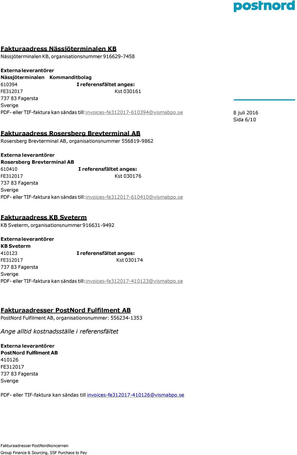 se Sida 6/10 Fakturaadress Rosersberg Brevterminal AB Rosersberg Brevterminal AB, organisationsnummer 556819-9862 Rosersberg Brevterminal AB 610410 I referensfältet anges: Kst 030176 PDF- eller