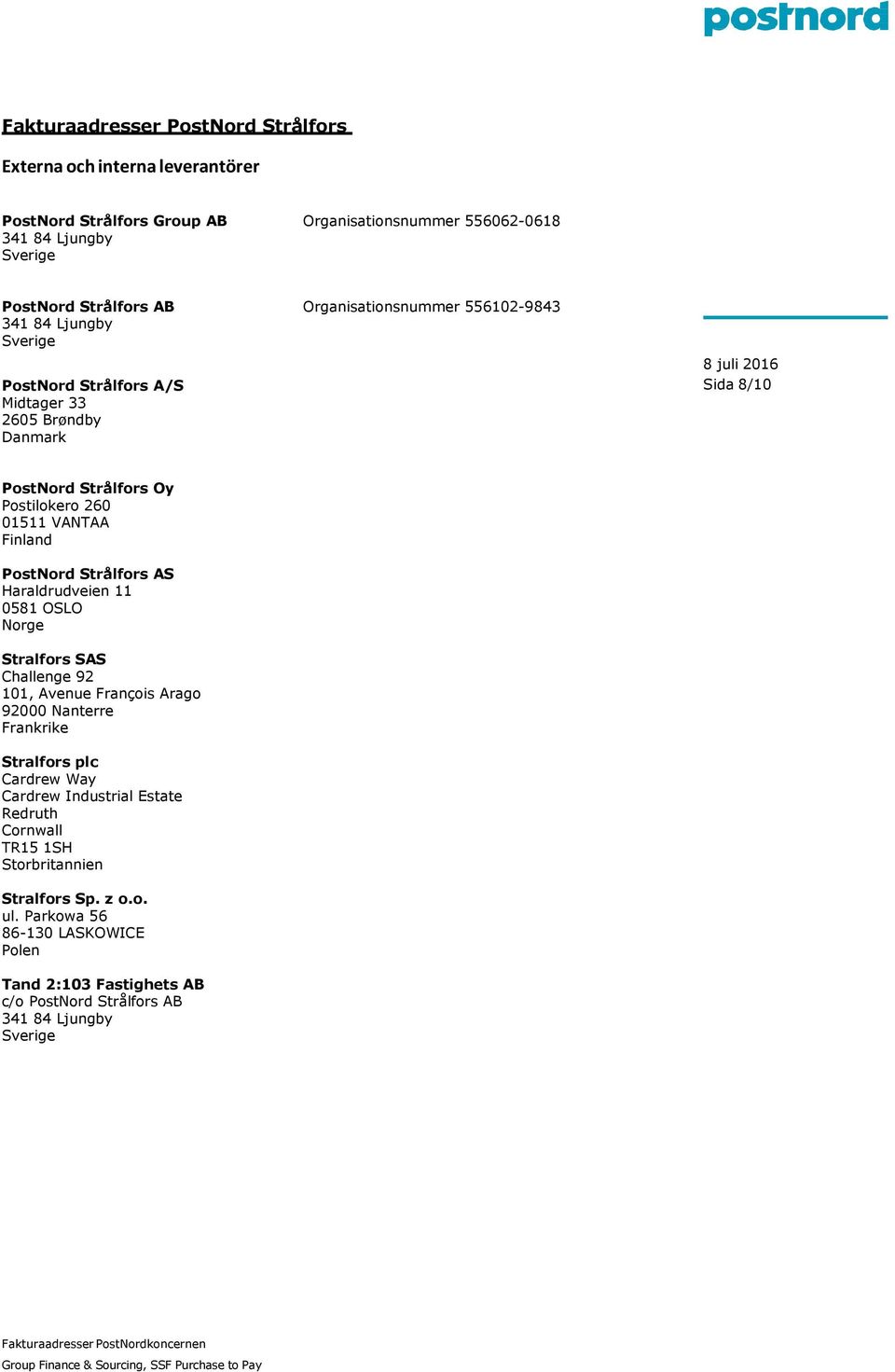 PostNord Strålfors AS Haraldrudveien 11 0581 OSLO Norge Stralfors SAS Challenge 92 101, Avenue François Arago 92000 Nanterre Frankrike Stralfors plc Cardrew Way Cardrew