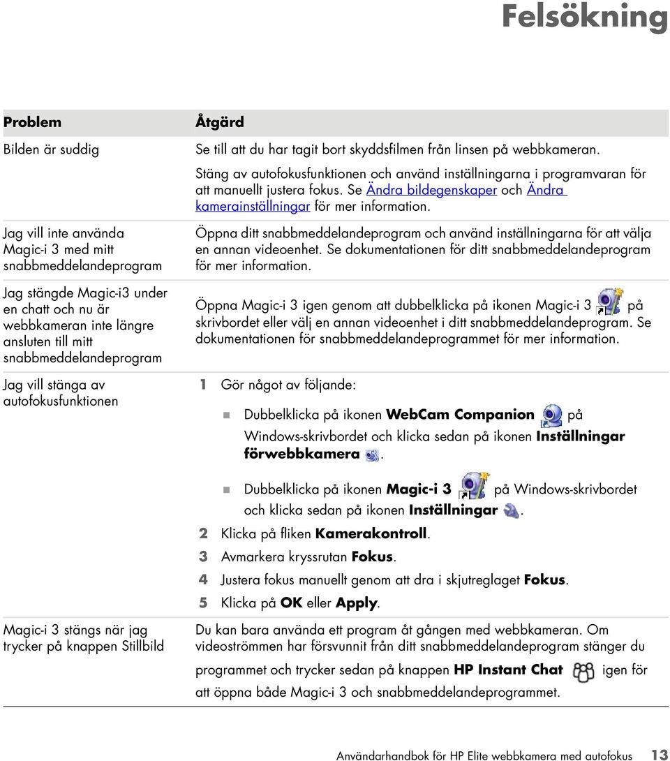 Stäng av autofokusfunktionen och använd inställningarna i programvaran för att manuellt justera fokus. Se Ändra bildegenskaper och Ändra kamerainställningar för mer information.