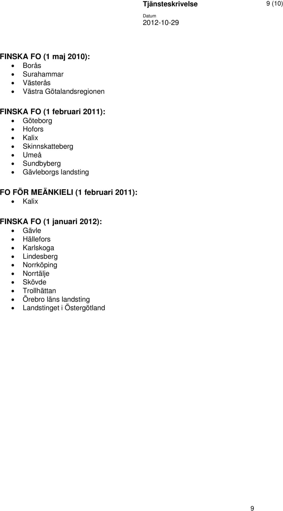 Gävleborgs landsting FO FÖR MEÄNKIELI (1 februari 2011): Kalix FINSKA FO (1 januari 2012): Gävle