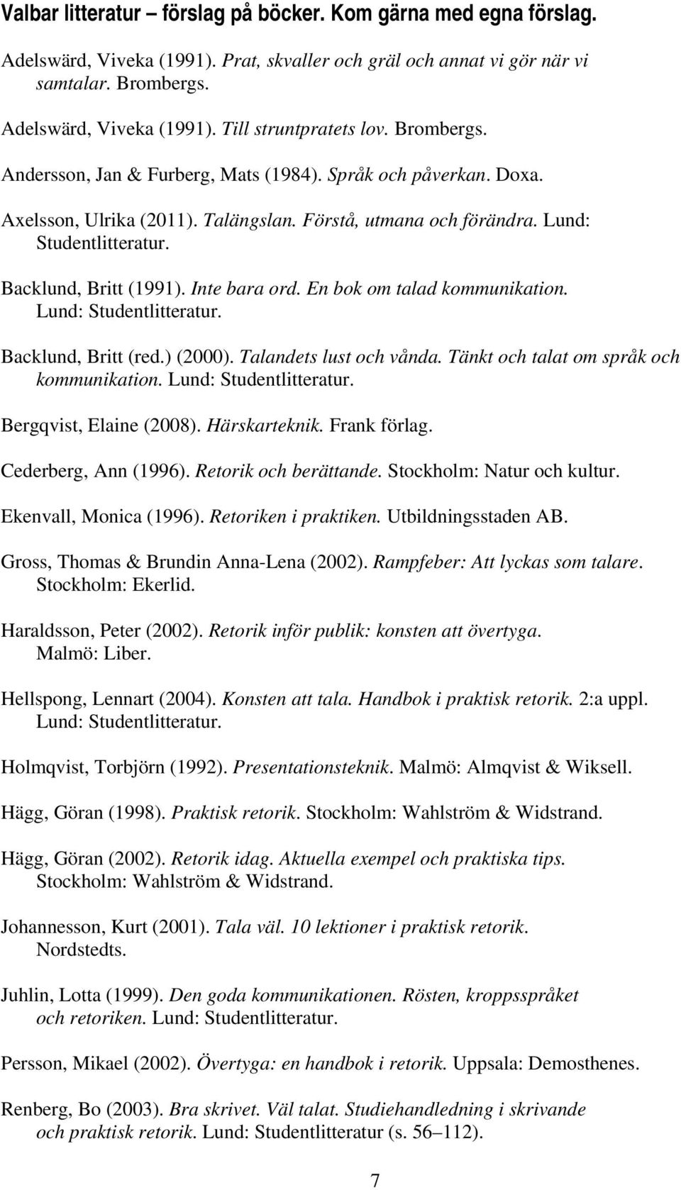 Inte bara ord. En bok om talad kommunikation. Lund: Studentlitteratur. Backlund, Britt (red.) (2000). Talandets lust och vånda. Tänkt och talat om språk och kommunikation. Lund: Studentlitteratur. Bergqvist, Elaine (2008).