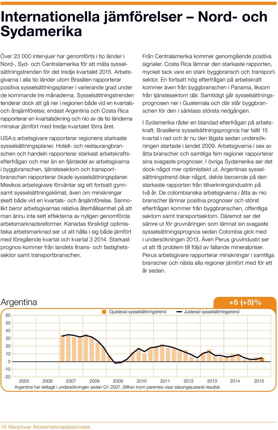 Sysselsättningstrenden tenderar dock att gå ner i regionen både vid en kvartalsoch årsjämförelse; endast Argentina och Costa Rica rapporterar en kvartalsökning och nio av de tio länderna minskar