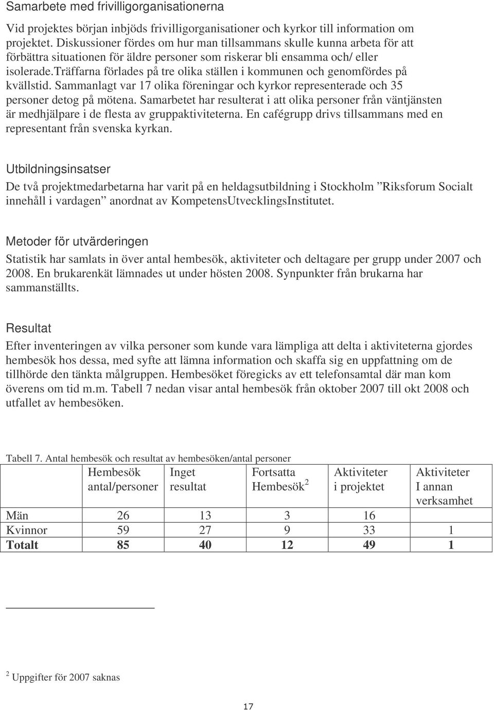 träffarna förlades på tre olika ställen i kommunen och genomfördes på kvällstid. Sammanlagt var 17 olika föreningar och kyrkor representerade och 35 personer detog på mötena.