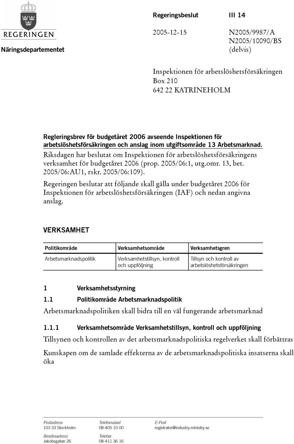 Riksdagen har beslutat om Inspektionen för arbetslöshetsförsäkringens verksamhet för budgetåret 2006 (prop. 2005/06:1, utg.omr. 13, bet. 2005/06:AU1, rskr. 2005/06:109).