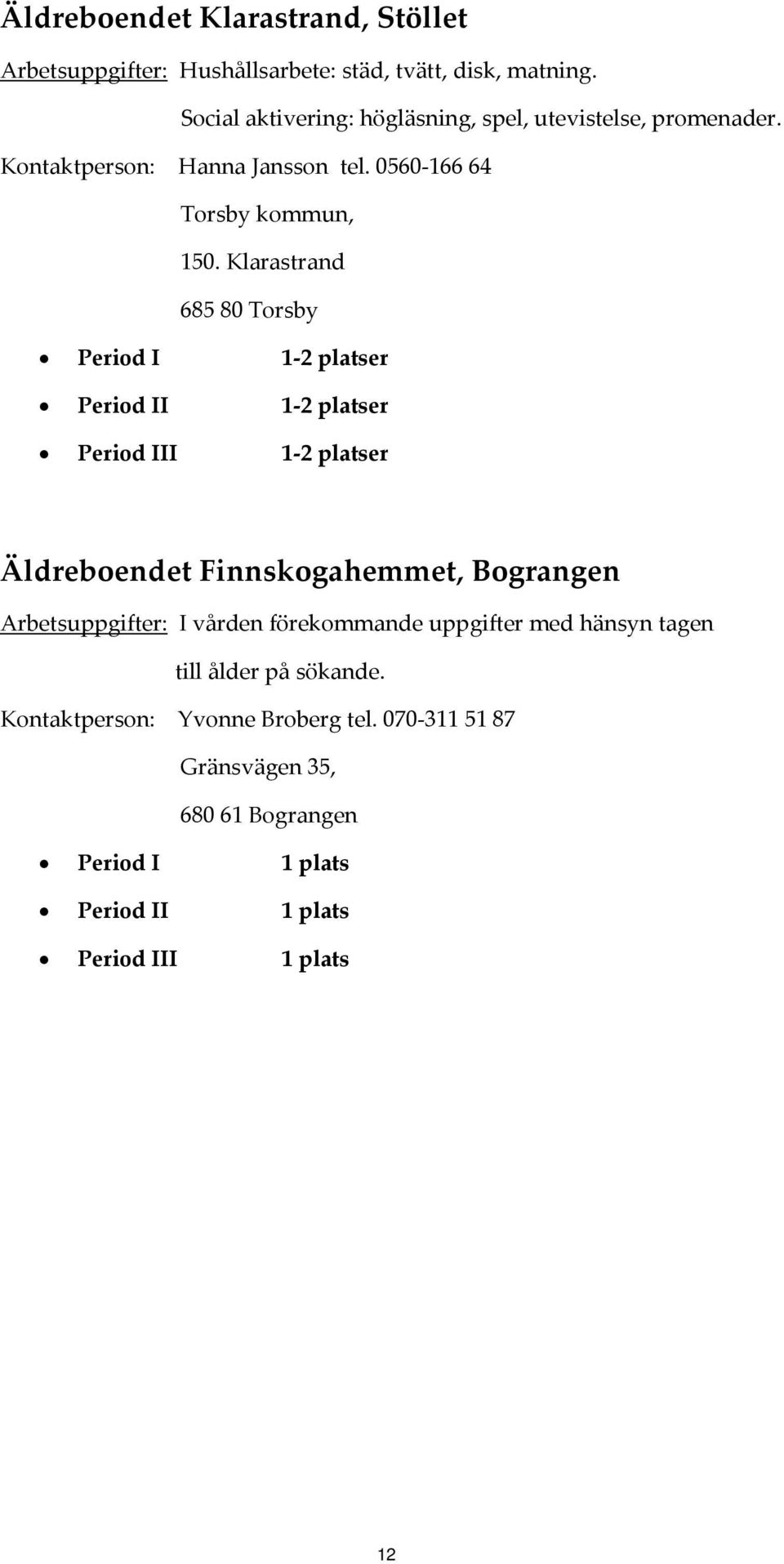 Klarastrand Period I 1 2 platser Period II 1 2 platser Period III 1 2 platser Äldreboendet Finnskogahemmet, Bograngen