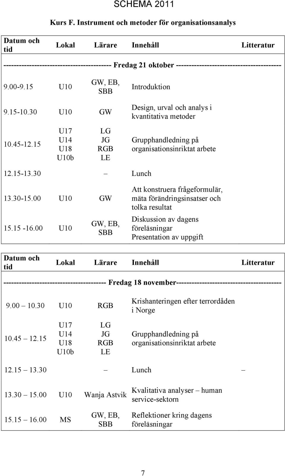 00-9.15 U10 Introduktion 9.15-10.30 U10 GW Design, urval och analys i kvantitativa metoder 10.45-12.15 U17 U14 U18 U10b LG JG RGB LE Grupphandledning på organisationsinriktat arbete 12.15-13.