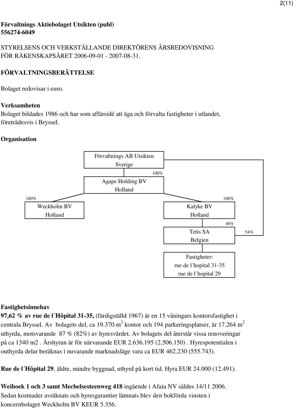 Organisation Förvaltnings AB Utsikten Sverige 100% Agape Holding BV Holland 100% 100% Weckholm BV Kalyke BV Holland Holland 46% Tetis SA Belgien 54% Fastigheter: rue de l hopital 31-35 rue de l