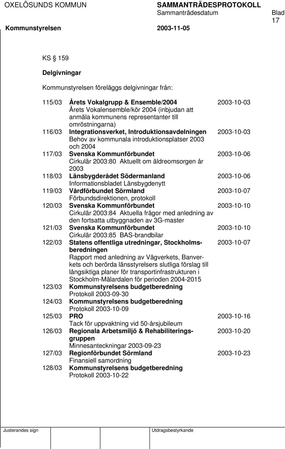 Länsbygderådet Södermanland Informationsbladet Länsbygdenytt 119/03 Vårdförbundet Sörmland Förbundsdirektionen, protokoll 120/03 Svenska Kommunförbundet Cirkulär 2003:84 Aktuella frågor med anledning