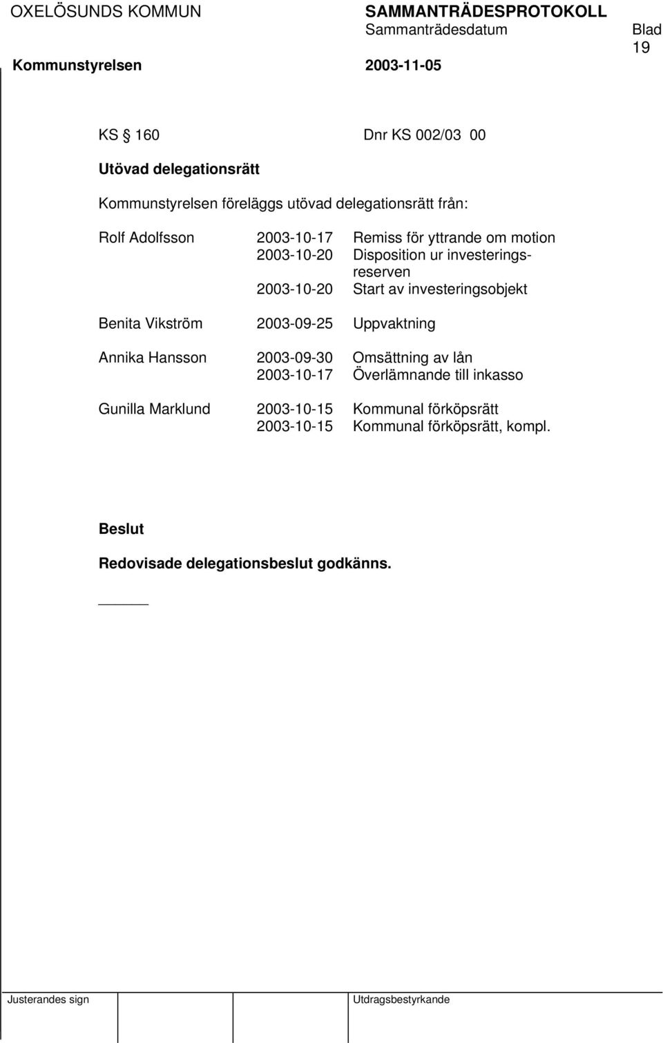 Benita Vikström 2003-09-25 Uppvaktning Annika Hansson 2003-09-30 Omsättning av lån 2003-10-17 Överlämnande till inkasso