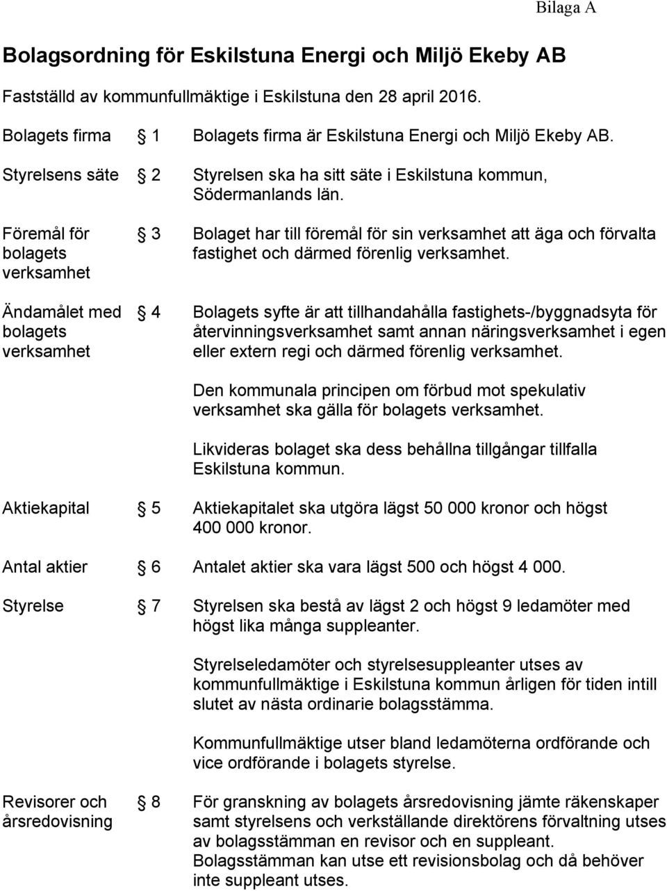 Föremål för bolagets verksamhet Ändamålet med bolagets verksamhet 3 Bolaget har till föremål för sin verksamhet att äga och förvalta fastighet och därmed förenlig verksamhet.