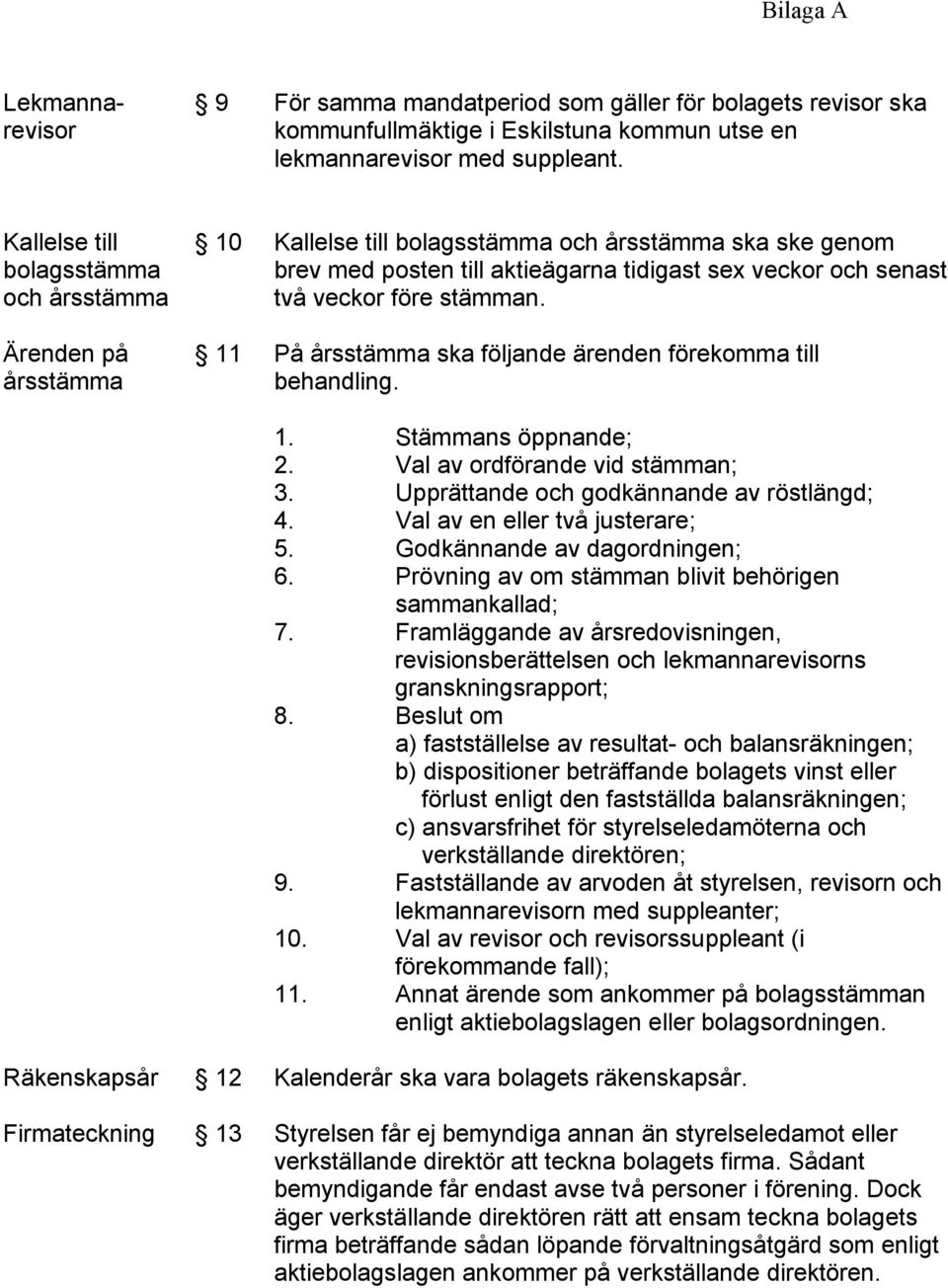 stämman. 11 På årsstämma ska följande ärenden förekomma till behandling. 1. Stämmans öppnande; 2. Val av ordförande vid stämman; 3. Upprättande och godkännande av röstlängd; 4.