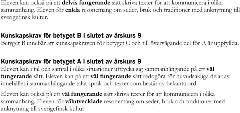 Kunskapskrav för betyget B i slutet av årskurs 9 Kunskapskrav för betyget A i slutet av årskurs 9 Eleven kan i tal och samtal i olika situationer uttrycka sig sammanhängande på ett väl