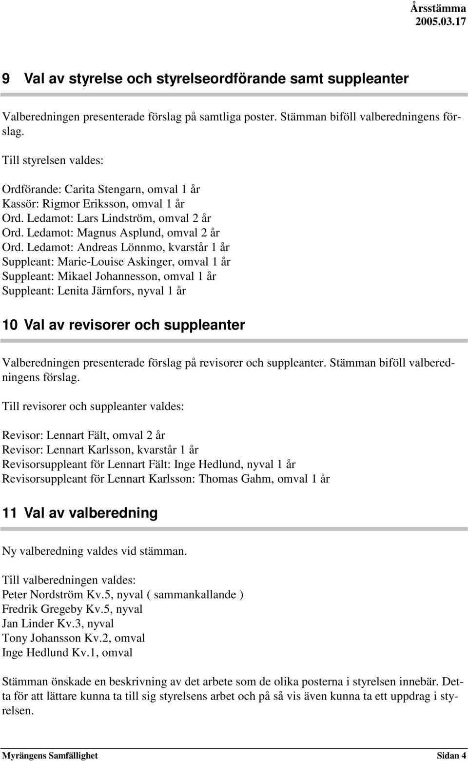 Ledamot: Andreas Lönnmo, kvarstår 1 år Suppleant: Marie-Louise Askinger, omval 1 år Suppleant: Mikael Johannesson, omval 1 år Suppleant: Lenita Järnfors, nyval 1 år 10 Val av revisorer och