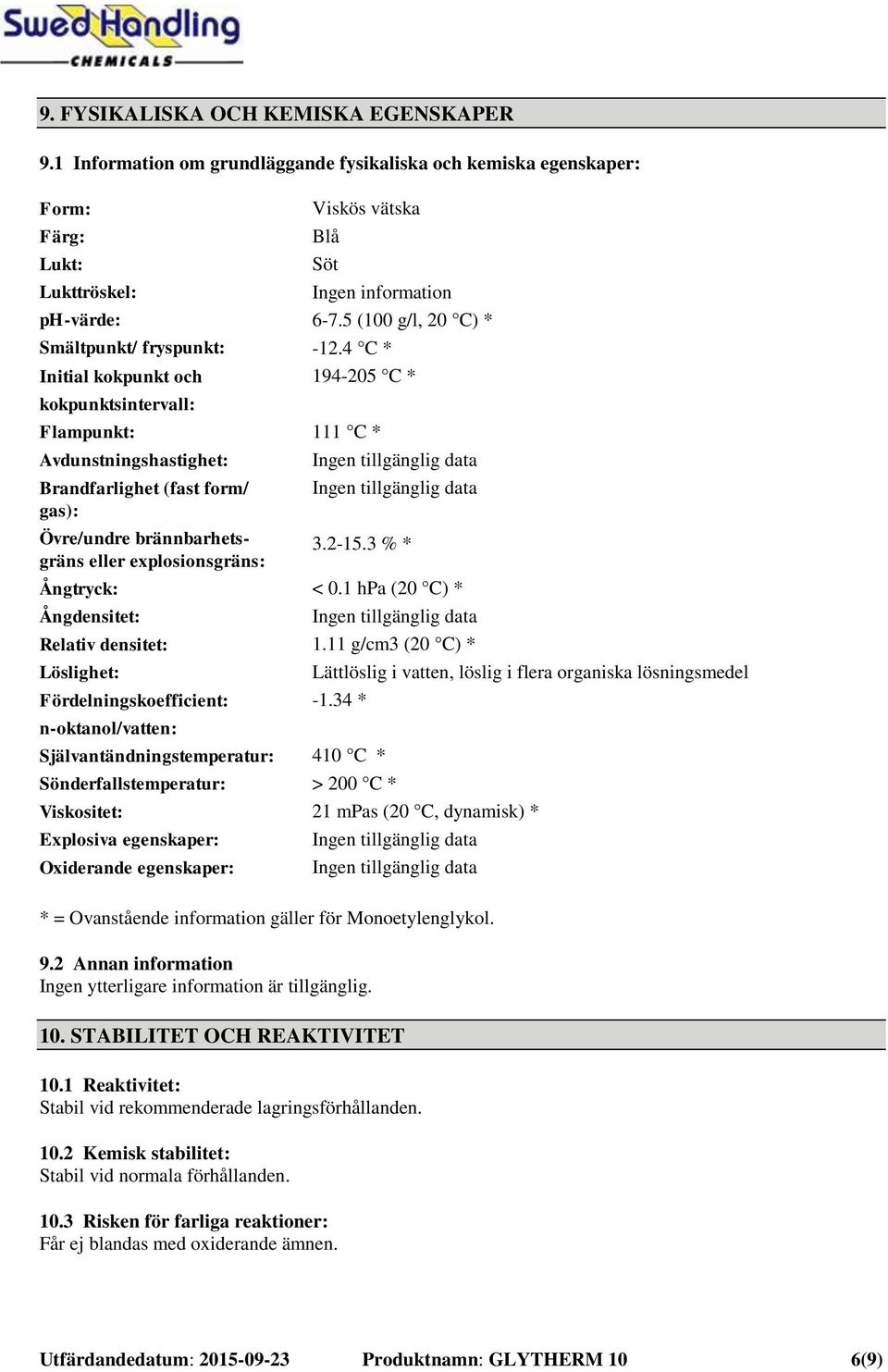 Blå Söt Ingen information 6-7.5 (100 g/l, 20 C) * -12.